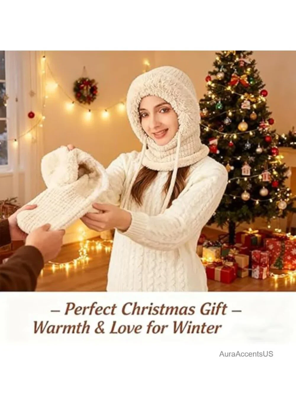 3-in-1 Fleece Lined Knit Beanie Hat Scarf Face Mask Balaclava Winter